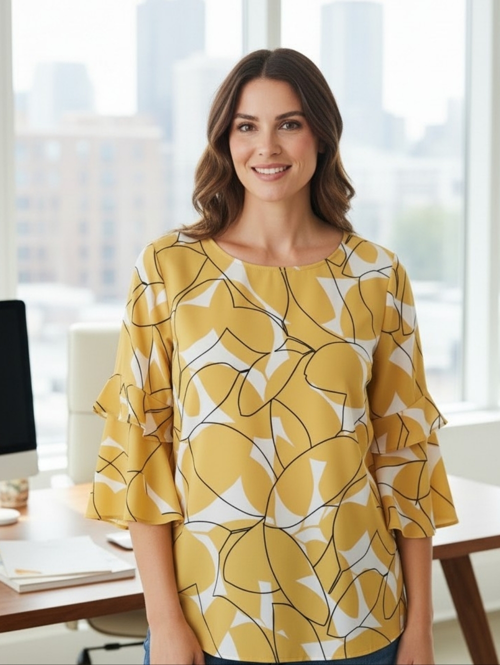 Alfani Womens 1X Yellow White‎ Artsy Business Blouse Shirt Top Tropical NWT